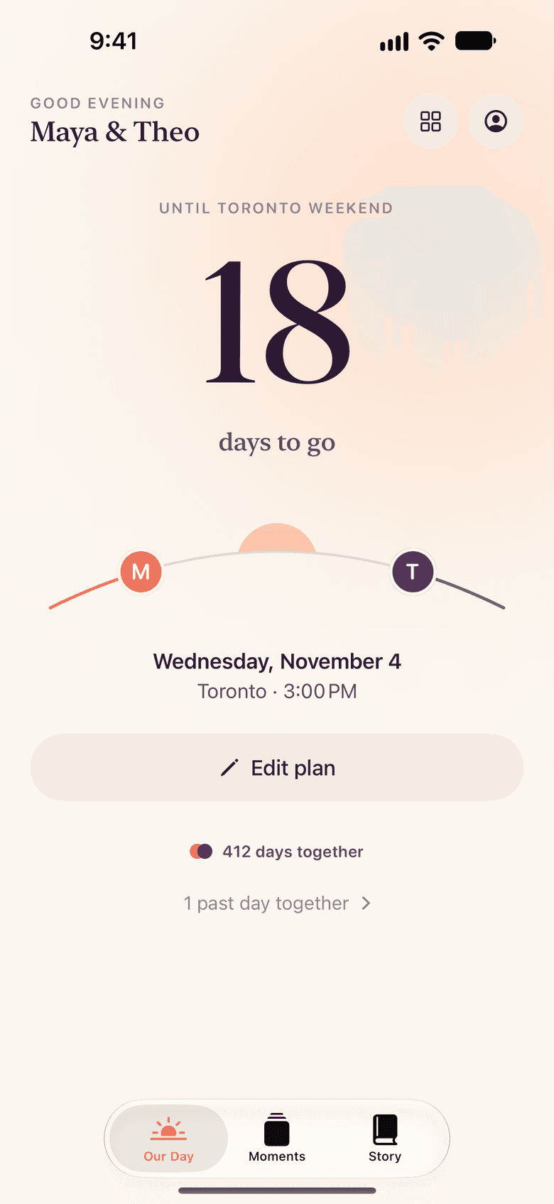 CloserDays home screen: 18 days to go until a Toronto weekend, two pins travelling toward each other on an arc