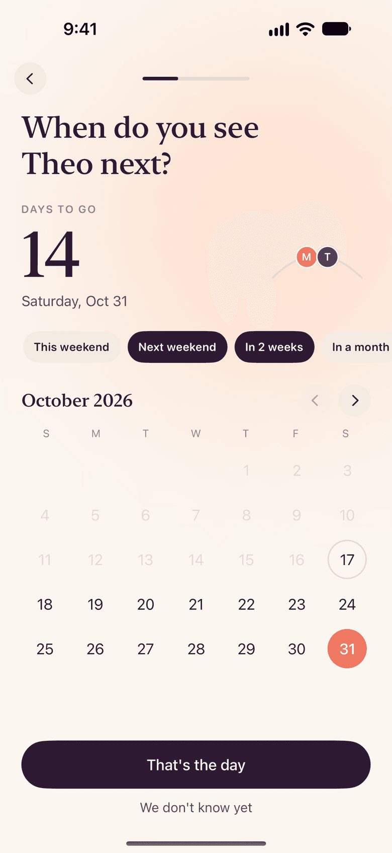 CloserDays planner asking when you see Theo next, with quick choices and a calendar