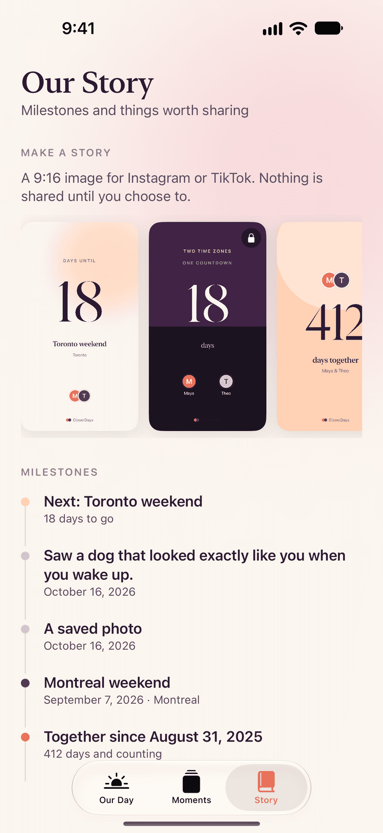 CloserDays Our Story: three story designs and a milestone timeline