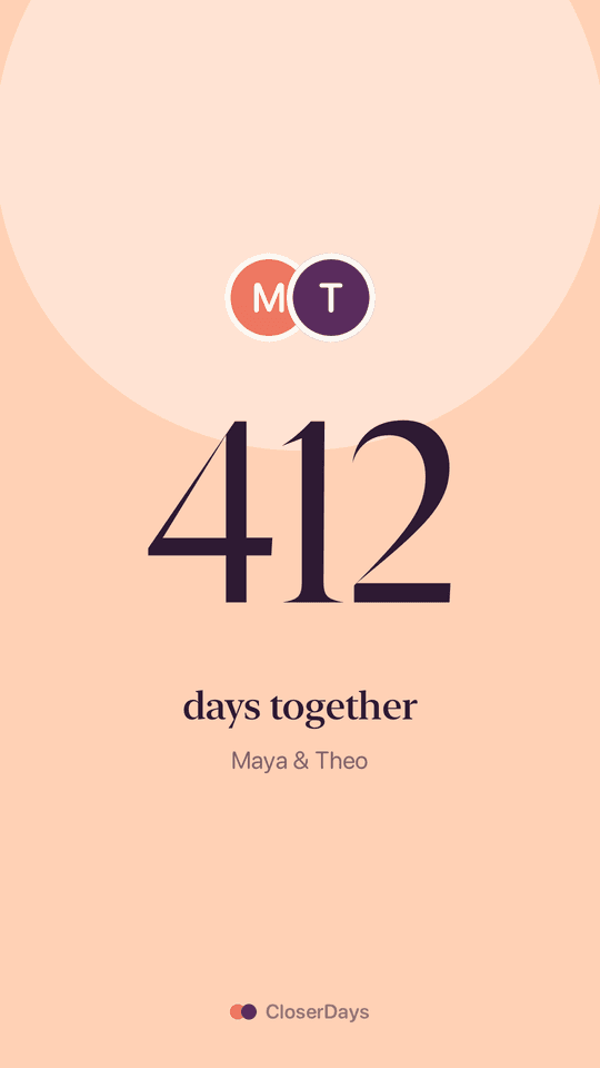 Days together story design: 412 days together for Maya and Theo on peach
